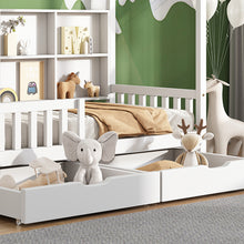 Lade das Bild in den Galerie-Viewer, Hausbett Kinderbett mit Mehrzweck-Bücherregal-Speichergitter-Kabinett Ablageregal und zwei großen Schubladen mit Stauraum und Kaminform 90x200 Weiß
