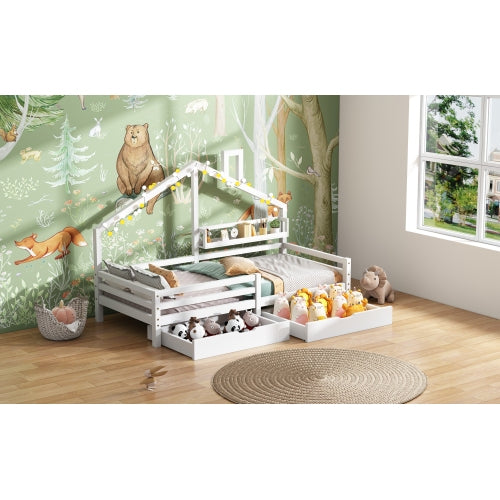 Hausbett Kinderbett mit Ablageregal und zwei großen Schubladen mit Stauraum und Kaminform 90x200 Weiß