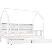 Lade das Bild in den Galerie-Viewer, Hausbett Kinderbett mit Mehrzweck-Bücherregal-Speichergitter-Kabinett Ablageregal und zwei großen Schubladen mit Stauraum und Kaminform 90x200 Weiß
