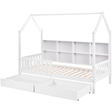 Lade das Bild in den Galerie-Viewer, Hausbett Kinderbett mit Mehrzweck-Bücherregal-Speichergitter-Kabinett Ablageregal und zwei großen Schubladen mit Stauraum und Kaminform 90x200 Weiß

