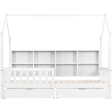 Lade das Bild in den Galerie-Viewer, Hausbett Kinderbett mit Mehrzweck-Bücherregal-Speichergitter-Kabinett Ablageregal und zwei großen Schubladen mit Stauraum und Kaminform 90x200 Weiß
