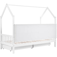 Lade das Bild in den Galerie-Viewer, Hausbett Kinderbett mit Mehrzweck-Bücherregal-Speichergitter-Kabinett Ablageregal und zwei großen Schubladen mit Stauraum und Kaminform 90x200 Weiß
