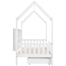 Lade das Bild in den Galerie-Viewer, Hausbett Kinderbett mit Mehrzweck-Bücherregal-Speichergitter-Kabinett Ablageregal und zwei großen Schubladen mit Stauraum und Kaminform 90x200 Weiß
