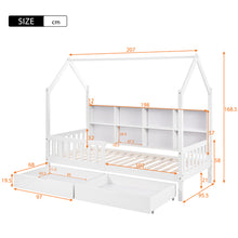 Lade das Bild in den Galerie-Viewer, Hausbett Kinderbett mit Mehrzweck-Bücherregal-Speichergitter-Kabinett Ablageregal und zwei großen Schubladen mit Stauraum und Kaminform 90x200 Weiß
