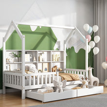 Lade das Bild in den Galerie-Viewer, Hausbett Kinderbett mit Mehrzweck-Bücherregal-Speichergitter-Kabinett Ablageregal und zwei großen Schubladen mit Stauraum und Kaminform 90x200 Weiß
