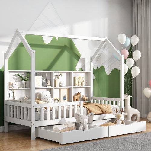 Hausbett Kinderbett mit Mehrzweck-Bücherregal-Speichergitter-Kabinett Ablageregal und zwei großen Schubladen mit Stauraum und Kaminform 90x200 Weiß