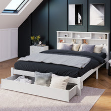 Lade das Bild in den Galerie-Viewer, Massivholz Doppelbett mit Schubladen und Lattenrost, Bücherregal Jugendliche und Erwachsene Kinderbett, 140x200cm Weiß
