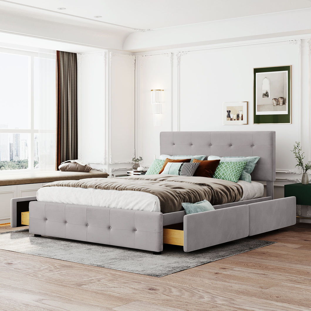 Bett Samtstoff, Einzelbett/Doppelbett, Polsterbett mit Schubladen, Rückenlehne und Lattenrost, Höhenverstellbares Kopfteil (ohne Matratze)