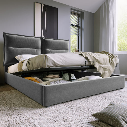 Hydraulisch Doppelbett Polsterbett 140x200cm,Verstellbares Kopfteil, Bett mit Lattenrost aus Metallrahmen, Samt, Modernes Bettgestell mit Stauraum, Großer Stauraum, Grau(Ohne Matratze)