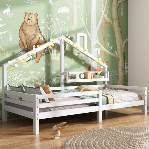 Hausbett Kinderbett mit Ablageregal Kaminform 90x200 Weiß