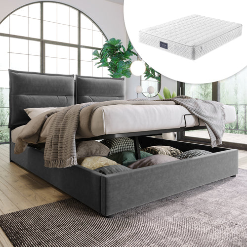 Hydraulisch Doppelbett Polsterbett 140x200cm,Verstellbares Kopfteil, Bett mit Lattenrost aus Metallrahmen, Samt, Modernes Bettgestell mit Stauraum, Großer Stauraum, Grau(Mit Matratze)