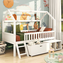 Lade das Bild in den Galerie-Viewer, Hausbett Kinderbett Jugendbett 200x90 Mit Schubladen und Ablagefächern，Geeignet für Jungen und Mädchen，Mit Anti-Drop-Geländer, Weiß

