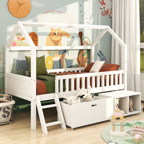 Hausbett Kinderbett Jugendbett 200x90 Mit Schubladen und Ablagefächern，Geeignet für Jungen und Mädchen，Mit Anti-Drop-Geländer, Weiß
