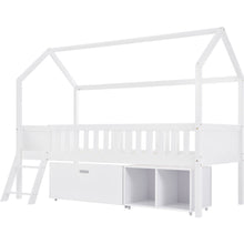 Lade das Bild in den Galerie-Viewer, Hausbett Kinderbett Jugendbett 200x90 Mit Schubladen und Ablagefächern，Geeignet für Jungen und Mädchen，Mit Anti-Drop-Geländer, Weiß
