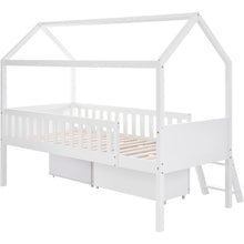 Lade das Bild in den Galerie-Viewer, Hausbett Kinderbett Jugendbett 200x90 Mit Schubladen und Ablagefächern，Geeignet für Jungen und Mädchen，Mit Anti-Drop-Geländer, Weiß
