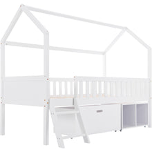 Lade das Bild in den Galerie-Viewer, Hausbett Kinderbett Jugendbett 200x90 Mit Schubladen und Ablagefächern，Geeignet für Jungen und Mädchen，Mit Anti-Drop-Geländer, Weiß
