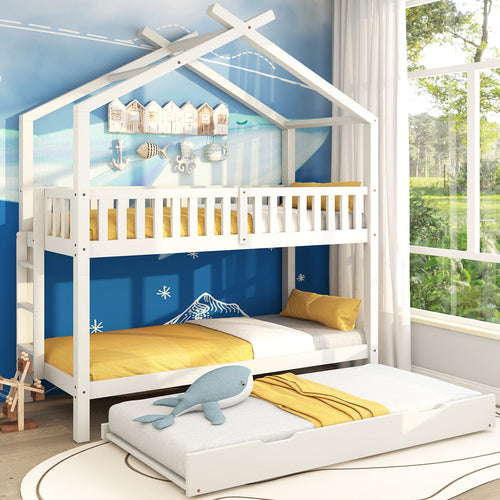 Hausbett Kinderbett Jugendbett，90x200，drei Betten，Ausziehbar，Platzsparendes Design，Weiß
