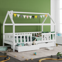 Lade das Bild in den Galerie-Viewer, Kinderbett Hausbett mit Schornstein |Zwei Aufbewahrungsschubladen | Robuste Lattenroste |Kiefernholz Haus Bett for Kids, 90 x 200 cm ohne Matratze, weiß
