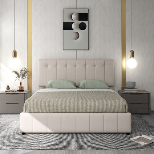 Polsterbett 140*200, Doppelbett mit Hydraulisch anhebbarer Bettstauraum ,höhenverstellbares Polsterkopfteil, Metalllattenrost, Hautfreundlicher Samtstoff Doppelbett Erwachsenen Jugendbett Cremeweiß