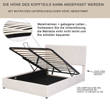 Lade das Bild in den Galerie-Viewer, Polsterbett 140*200, Doppelbett mit Hydraulisch anhebbarer Bettstauraum ,höhenverstellbares Polsterkopfteil, Metalllattenrost, Hautfreundlicher Samtstoff Doppelbett Erwachsenen Jugendbett Cremeweiß
