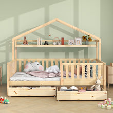 Lade das Bild in den Galerie-Viewer, Kinderbett in Holzfarbe,Kinderbett Hausbett mit Schubladen,Massivholz mit Lattenrost, Kiefernholz Hausbett , Kinder und Jugendzimmer,90x200
