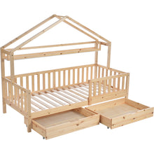 Lade das Bild in den Galerie-Viewer, Kinderbett in Holzfarbe,Kinderbett Hausbett mit Schubladen,Massivholz mit Lattenrost, Kiefernholz Hausbett , Kinder und Jugendzimmer,90x200

