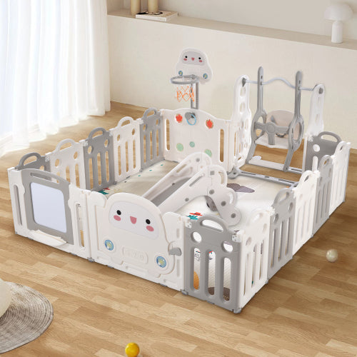 Laufgitter Baby Laufstall mit Zeichenbrett, Pinsel,, Kinderrutsche und Basketballkorb (200*200*61 cm) , Matten und Dekorationen sind nicht im Lieferumfang enthalten
