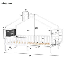 Lade das Bild in den Galerie-Viewer, Hausbett, Einzelbett, Tagesbett, Kinderbett, Rahmen aus Kiefer, mit Kreidetafel und MDF-Regale, weiß (200x90cm)
