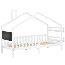 Lade das Bild in den Galerie-Viewer, Hausbett, Einzelbett, Tagesbett, Kinderbett, Rahmen aus Kiefer, mit Kreidetafel und MDF-Regale, weiß (200x90cm)
