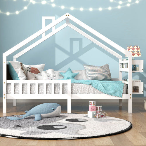 Hausbett, Einzelbett, Tagesbett, Kinderbett, Rahmen aus Kiefer, mit Kreidetafel und MDF-Regale, weiß (200x90cm)