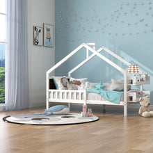 Lade das Bild in den Galerie-Viewer, Hausbett, Einzelbett, Tagesbett, Kinderbett, Rahmen aus Kiefer, mit Kreidetafel und MDF-Regale, weiß (200x90cm)
