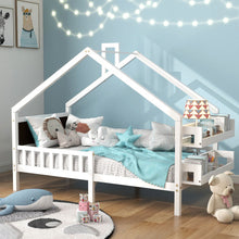 Lade das Bild in den Galerie-Viewer, Hausbett, Einzelbett, Tagesbett, Kinderbett, Rahmen aus Kiefer, mit Kreidetafel und MDF-Regale, weiß (200x90cm)
