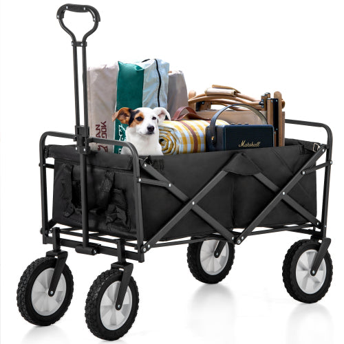 Zusammenklappbarer Station Wagon Outdoor All Terrain Trolley，Faltbarer Bollerwagen Handwagen Gartenwagen ，Getränkehalter aus Mesh, verstellbare Griffe, Stofftasche, 360°-Rotation des VorderradsSchwarz