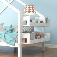 Lade das Bild in den Galerie-Viewer, Hausbett, Einzelbett, Tagesbett, Kinderbett, Rahmen aus Kiefer, mit Kreidetafel und MDF-Regale, weiß (200x90cm)
