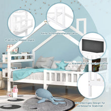 Lade das Bild in den Galerie-Viewer, Hausbett, Einzelbett, Tagesbett, Kinderbett, Rahmen aus Kiefer, mit Kreidetafel und MDF-Regale, weiß (200x90cm)
