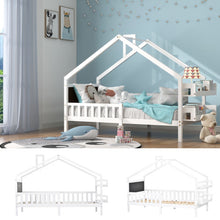 Lade das Bild in den Galerie-Viewer, Hausbett, Einzelbett, Tagesbett, Kinderbett, Rahmen aus Kiefer, mit Kreidetafel und MDF-Regale, weiß (200x90cm)
