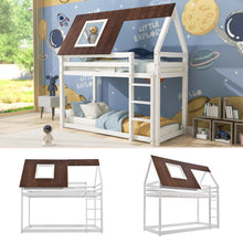 Lade das Bild in den Galerie-Viewer, Hausbett, Etagenbett mit rechtwinkliger Leiter, Kinderbett, mit Fallschutz und Zäune, Rahmen aus Kiefernholz, braunes Dach, weißes Bett (200x90cm)
