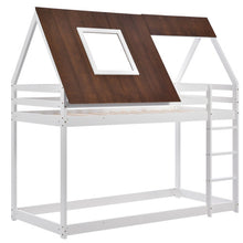 Lade das Bild in den Galerie-Viewer, Hausbett, Etagenbett mit rechtwinkliger Leiter, Kinderbett, mit Fallschutz und Zäune, Rahmen aus Kiefernholz, braunes Dach, weißes Bett (200x90cm)
