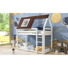 Lade das Bild in den Galerie-Viewer, Hausbett, Etagenbett mit rechtwinkliger Leiter, Kinderbett, mit Fallschutz und Zäune, Rahmen aus Kiefernholz, braunes Dach, weißes Bett (200x90cm)
