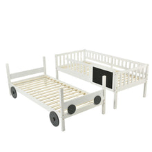 Lade das Bild in den Galerie-Viewer, Etagenbett mit rechtwinkliger Treppe, Autobett, Kinderbett mit MDF-Rädern, Einzelbett mit Tafel, abnehmbar, Rahmen aus Kiefer, Weiß (90x200cm)
