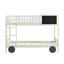 Lade das Bild in den Galerie-Viewer, Etagenbett mit rechtwinkliger Treppe, Autobett, Kinderbett mit MDF-Rädern, Einzelbett mit Tafel, abnehmbar, Rahmen aus Kiefer, Weiß (90x200cm)
