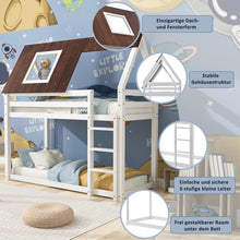 Lade das Bild in den Galerie-Viewer, Hausbett, Etagenbett mit rechtwinkliger Leiter, Kinderbett, mit Fallschutz und Zäune, Rahmen aus Kiefernholz, braunes Dach, weißes Bett (200x90cm)
