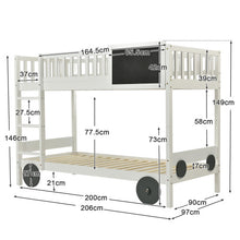 Lade das Bild in den Galerie-Viewer, Etagenbett mit rechtwinkliger Treppe, Autobett, Kinderbett mit MDF-Rädern, Einzelbett mit Tafel, abnehmbar, Rahmen aus Kiefer, Weiß (90x200cm)

