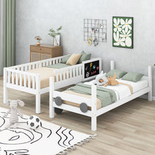 Lade das Bild in den Galerie-Viewer, Etagenbett mit rechtwinkliger Treppe, Autobett, Kinderbett mit MDF-Rädern, Einzelbett mit Tafel, abnehmbar, Rahmen aus Kiefer, Weiß (90x200cm)

