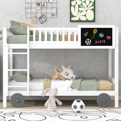 Etagenbett mit rechtwinkliger Treppe, Autobett, Kinderbett mit MDF-Rädern, Einzelbett mit Tafel, abnehmbar, Rahmen aus Kiefer, Weiß (90x200cm)