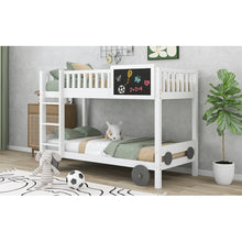 Lade das Bild in den Galerie-Viewer, Etagenbett mit rechtwinkliger Treppe, Autobett, Kinderbett mit MDF-Rädern, Einzelbett mit Tafel, abnehmbar, Rahmen aus Kiefer, Weiß (90x200cm)
