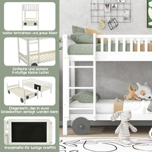 Lade das Bild in den Galerie-Viewer, Etagenbett mit rechtwinkliger Treppe, Autobett, Kinderbett mit MDF-Rädern, Einzelbett mit Tafel, abnehmbar, Rahmen aus Kiefer, Weiß (90x200cm)
