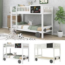 Lade das Bild in den Galerie-Viewer, Etagenbett mit rechtwinkliger Treppe, Autobett, Kinderbett mit MDF-Rädern, Einzelbett mit Tafel, abnehmbar, Rahmen aus Kiefer, Weiß (90x200cm)
