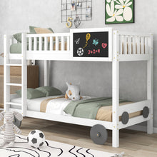 Lade das Bild in den Galerie-Viewer, Etagenbett mit rechtwinkliger Treppe, Autobett, Kinderbett mit MDF-Rädern, Einzelbett mit Tafel, abnehmbar, Rahmen aus Kiefer, Weiß (90x200cm)
