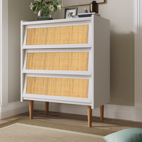 Schubladenkommode mit 3 Schubladen Kommode mit Rattangeflecht, Sideboard Highboard für Schlafzimmer & alle Wohnräume -Weiß